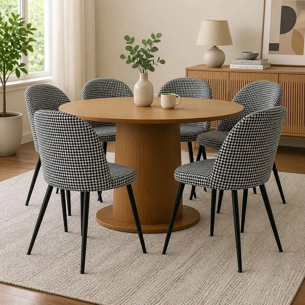 Dining Chairs Set of 6 Kitchen Cafe Seating Houndstooth Pattern Velvet