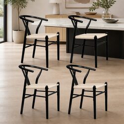 Dining Chairs Set of 4 Wooden Rattan Seat Black Modern Kitchen Furniture