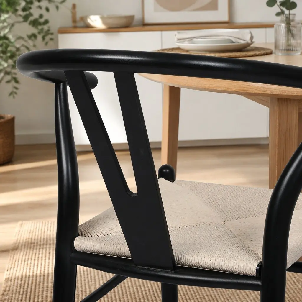 Dining Chairs Set of 4 Wooden Rattan Seat Black Modern Kitchen Furniture