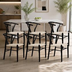 Dining Chairs Set of 6 Wooden Frame Rattan Seat Black Kitchen Furniture