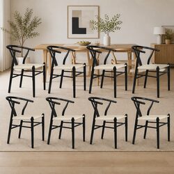 Dining Chairs Wooden Rattan Seat Black Set of 8 Modern Kitchen Furniture