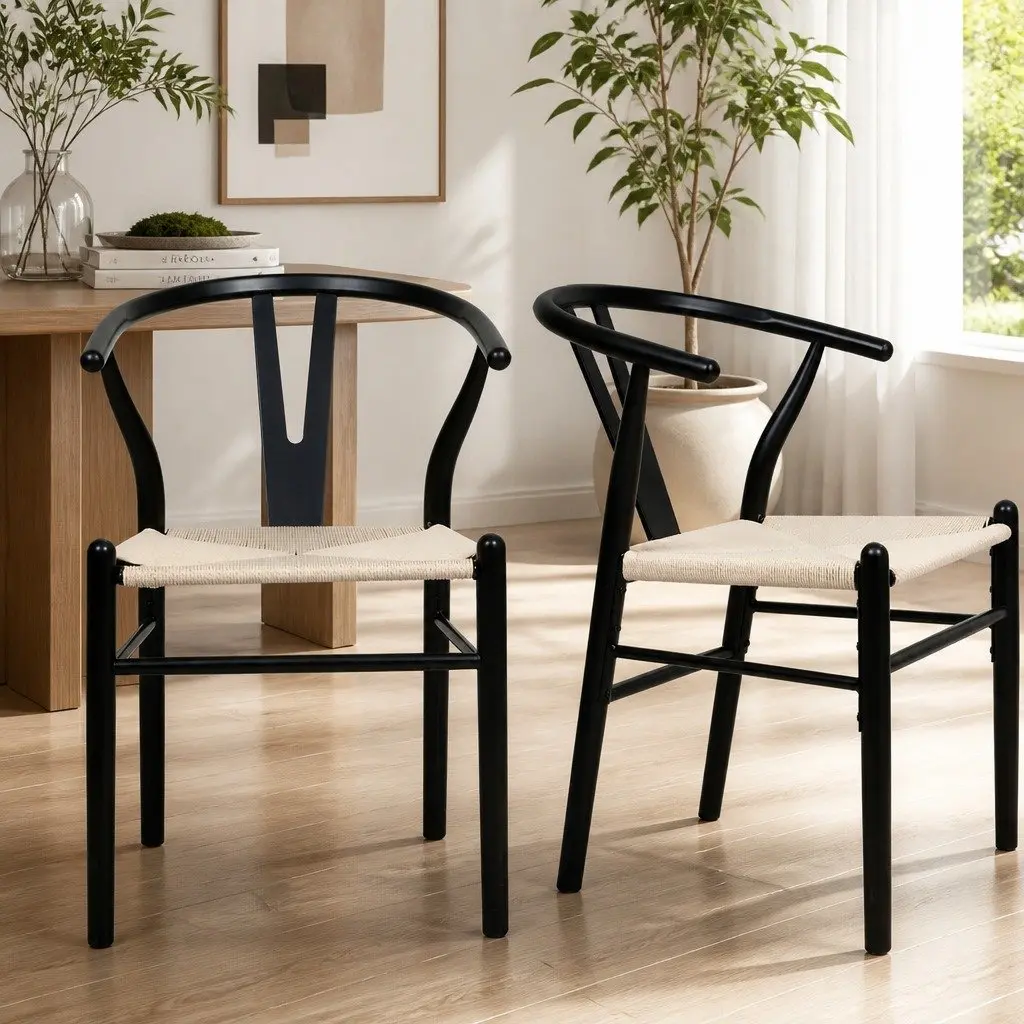 Dining Chairs Rattan Seat Solid Wood Frame Black Set of 8 Modern