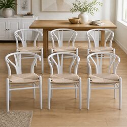 Dining Chairs Set of 6 Wooden Rattan Seat White Kitchen Furniture Modern Design