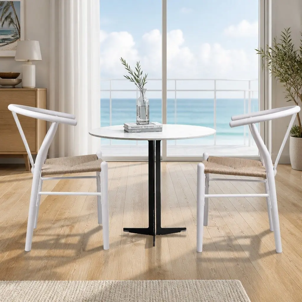 Dining Chair Set 8 Pieces White Wooden Rattan Seat