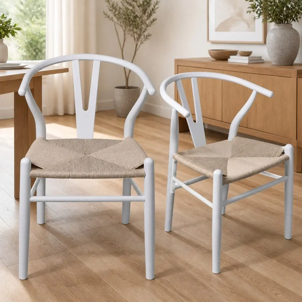 Dining Chair Set 8 Pieces White Wooden Rattan Seat