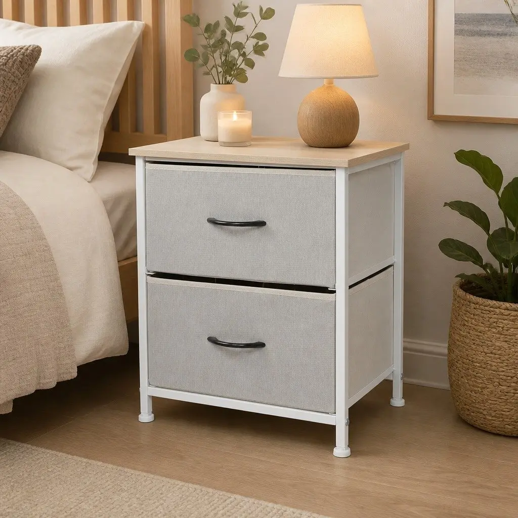 Bedside Chest 2 Drawers Storage Cabinet Beige MDF Steel