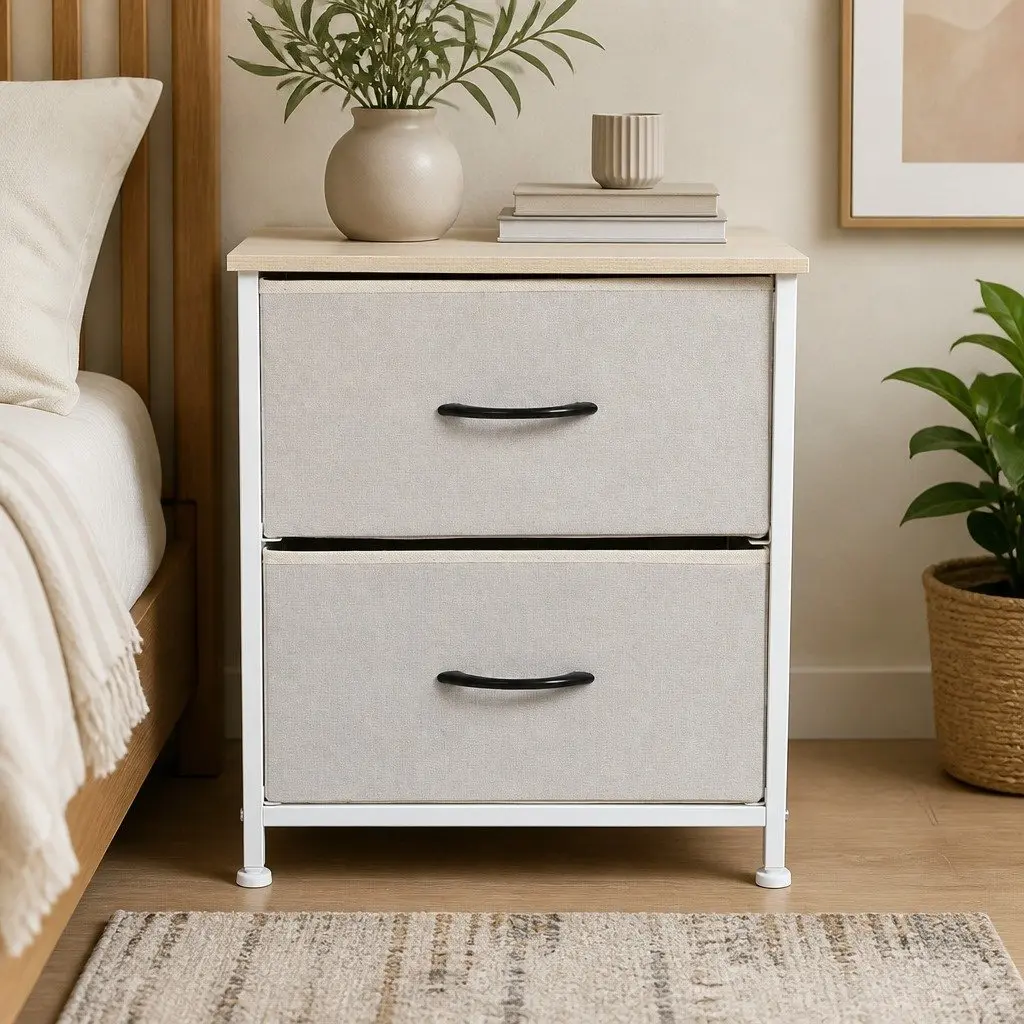 Bedside Chest 2 Drawers Storage Cabinet Beige MDF Steel