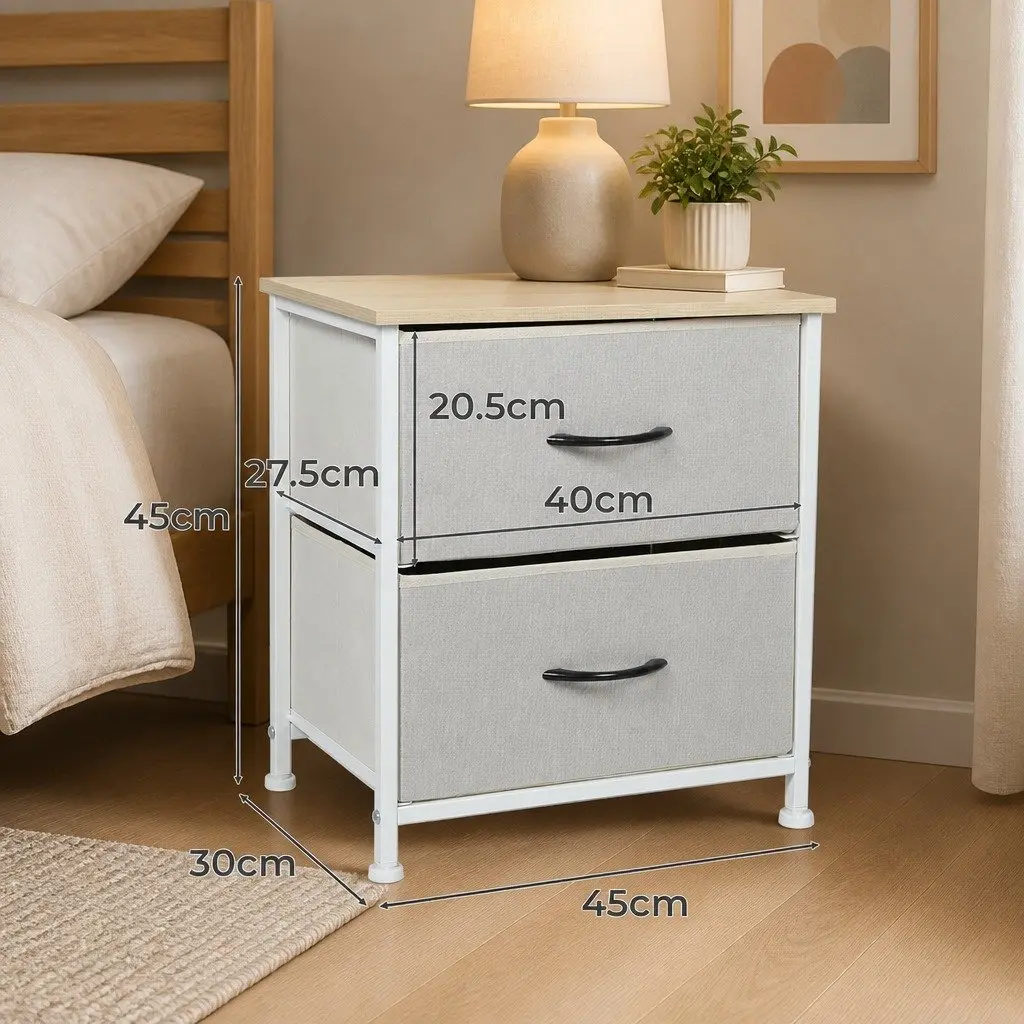 Bedside Chest 2 Drawers Storage Cabinet Beige MDF Steel