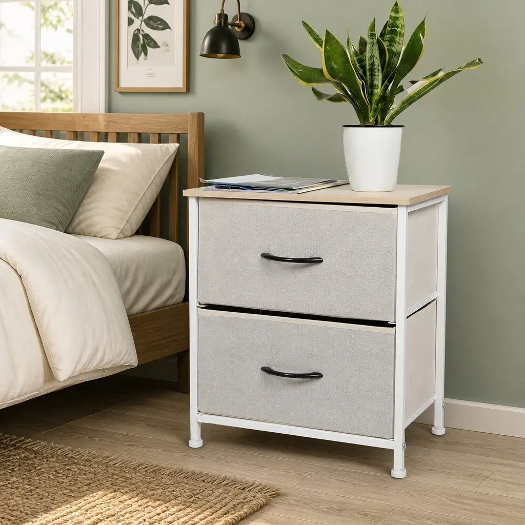 Bedside Chest 2 Drawers Storage Cabinet Beige MDF Steel