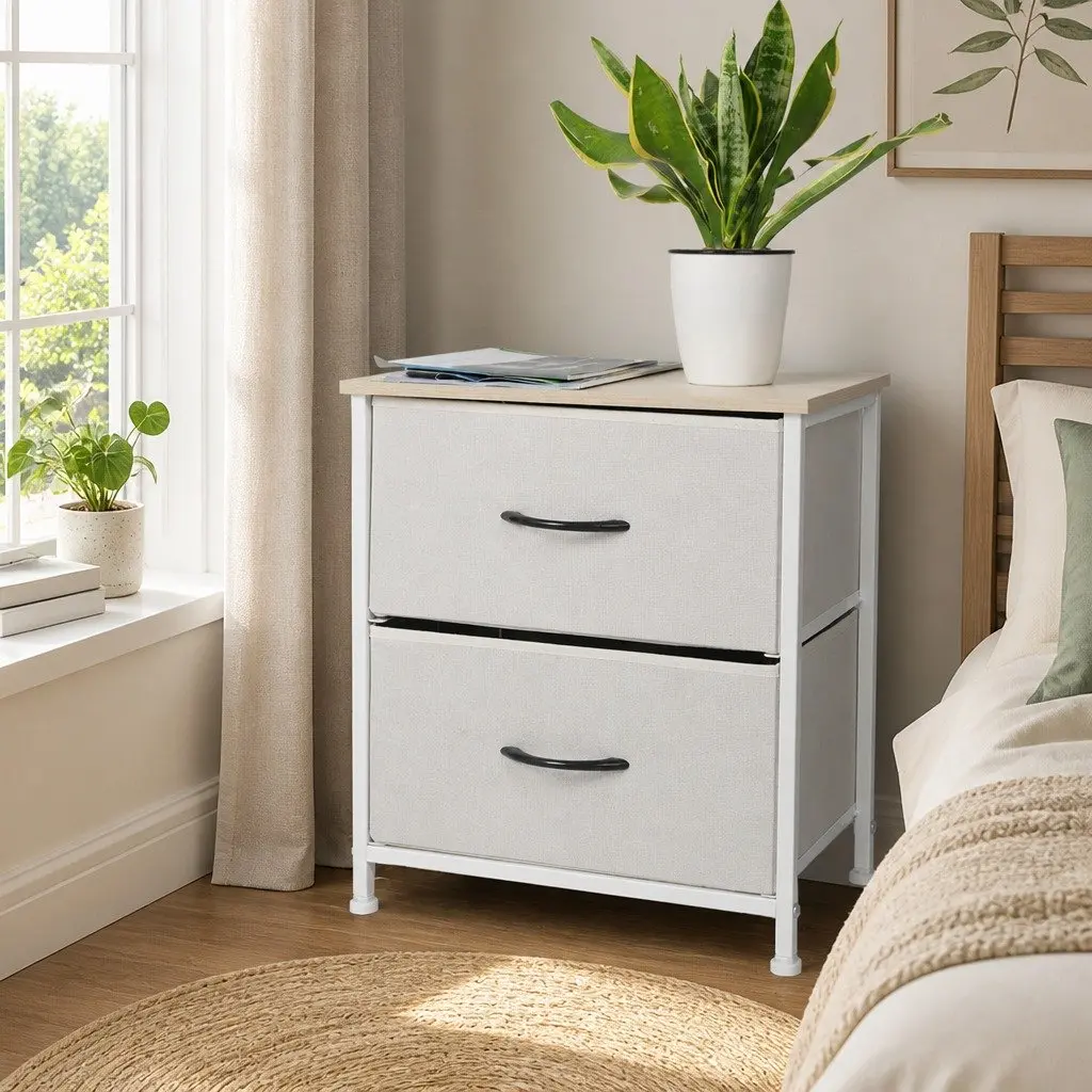 Bedside Chest 2 Drawers Storage Cabinet Beige MDF Steel