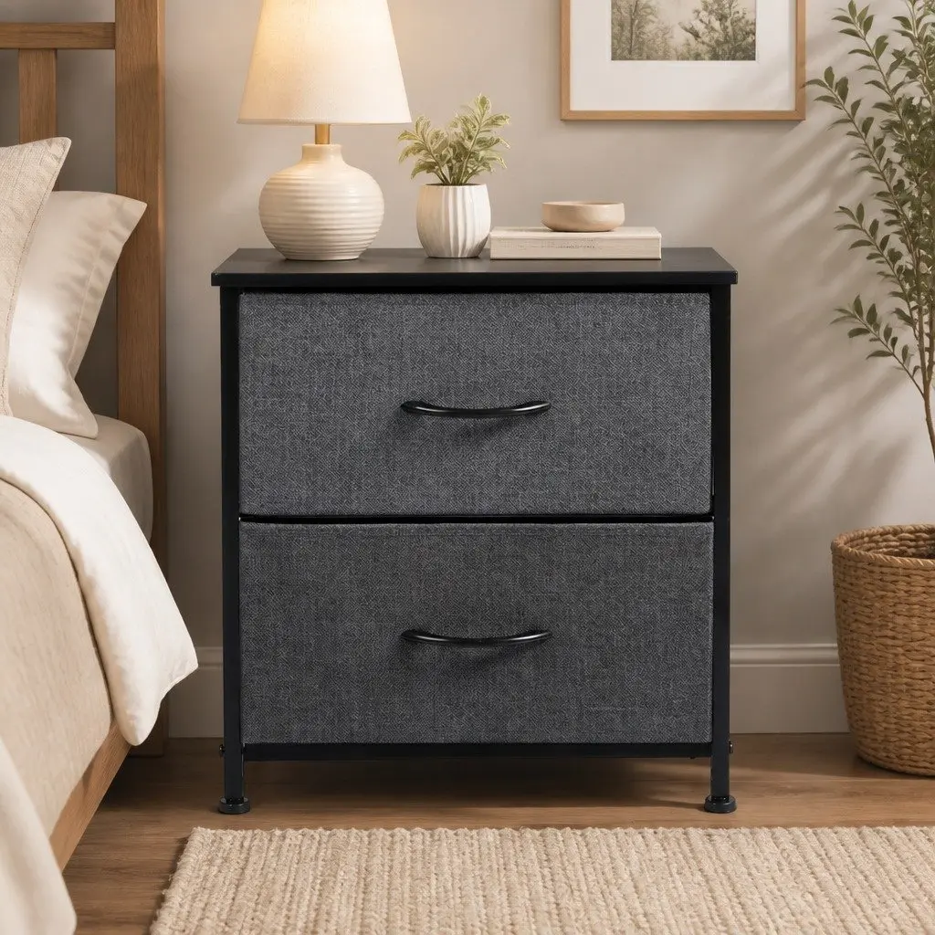 Storage Cabinet Chest 2 Drawer Nightstand Bedroom Organizer Dark Grey Furniture