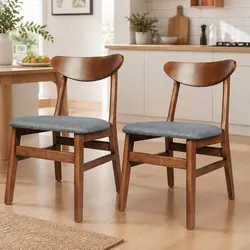 Dining Chairs Kitchen Seating 2 Pack Brown Wooden Frame Linen Fabric Cushion