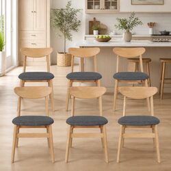 Dining Chairs Set of 6 Kitchen Seating Natural Wood Frame Linen Upholstery