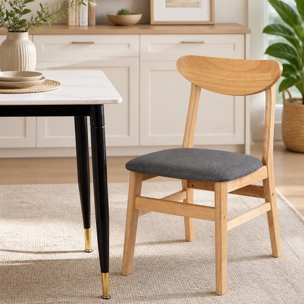 Dining Chairs Set of 6 Natural Wood Frame Linen Upholstery
