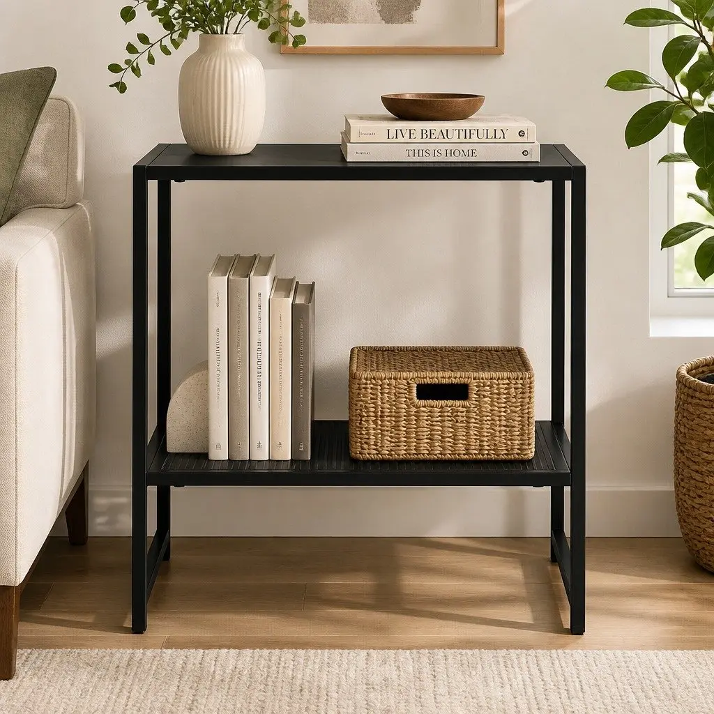 Black Steel Side Table Open Shelves Nightstand Bedroom Lounge End Sofa Storage