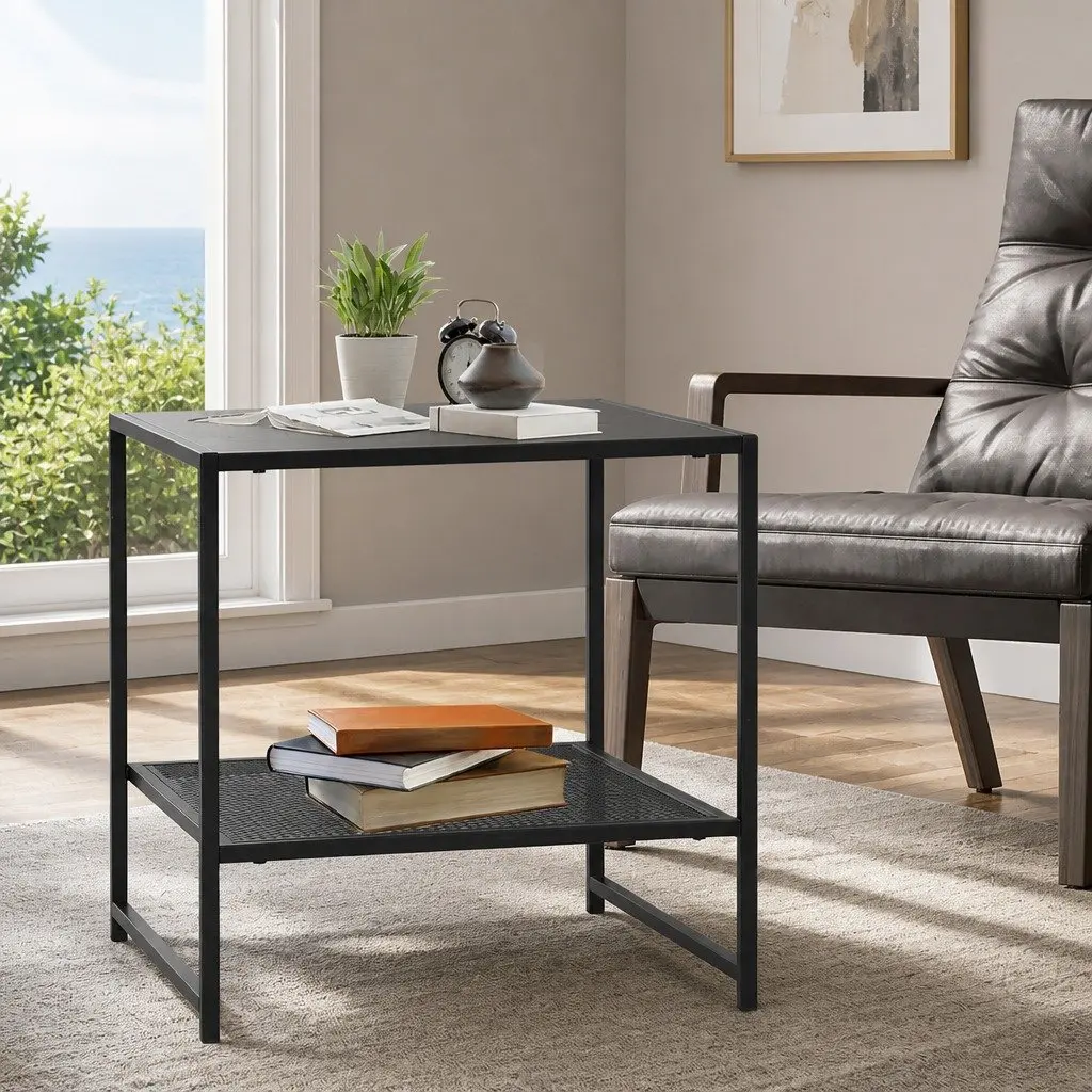 Black Steel Side Table Open Shelves Nightstand Bedroom Lounge End Sofa Storage