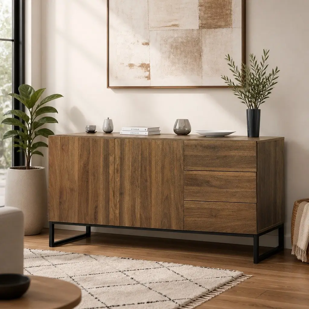 Walnut Sideboard Buffet Storage Cabinet with Drawers and Shelves Modern Design