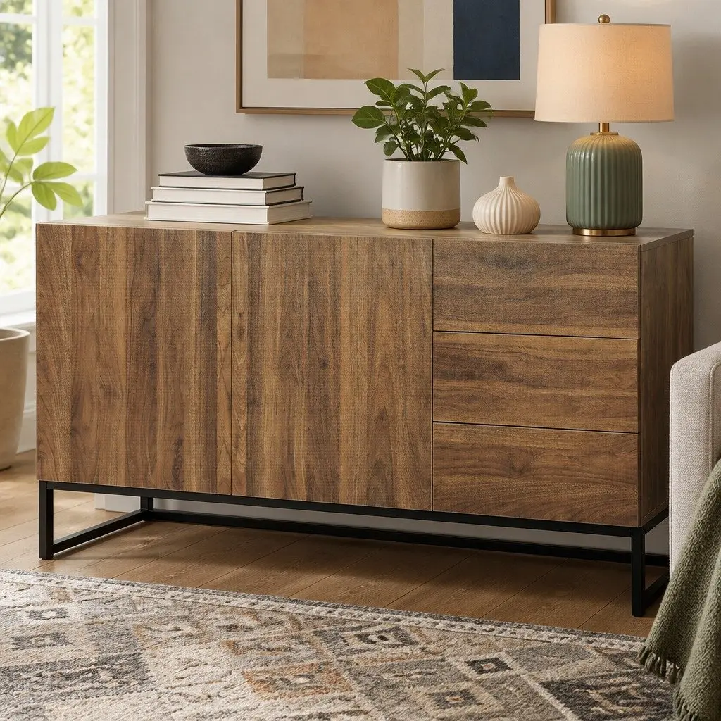 Walnut Sideboard Buffet Storage Cabinet with Drawers and Shelves Modern Design