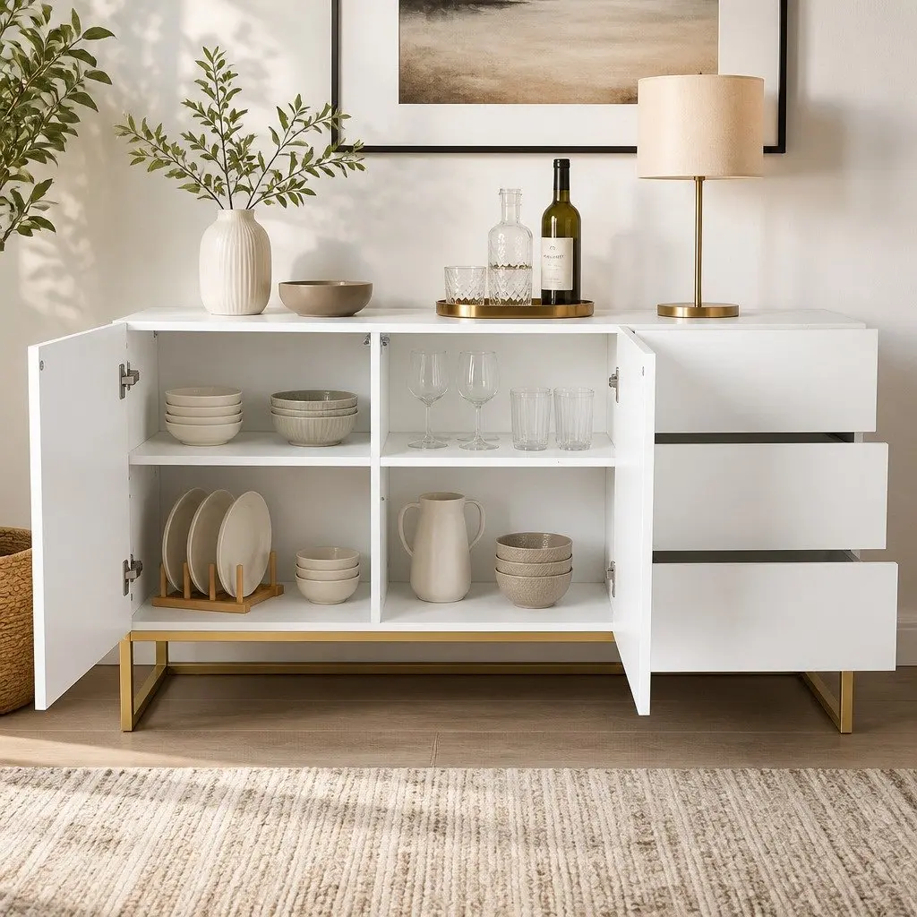 White Sideboard Storage Cabinet Buffet Modern Kitchen Bedroom Furniture Push