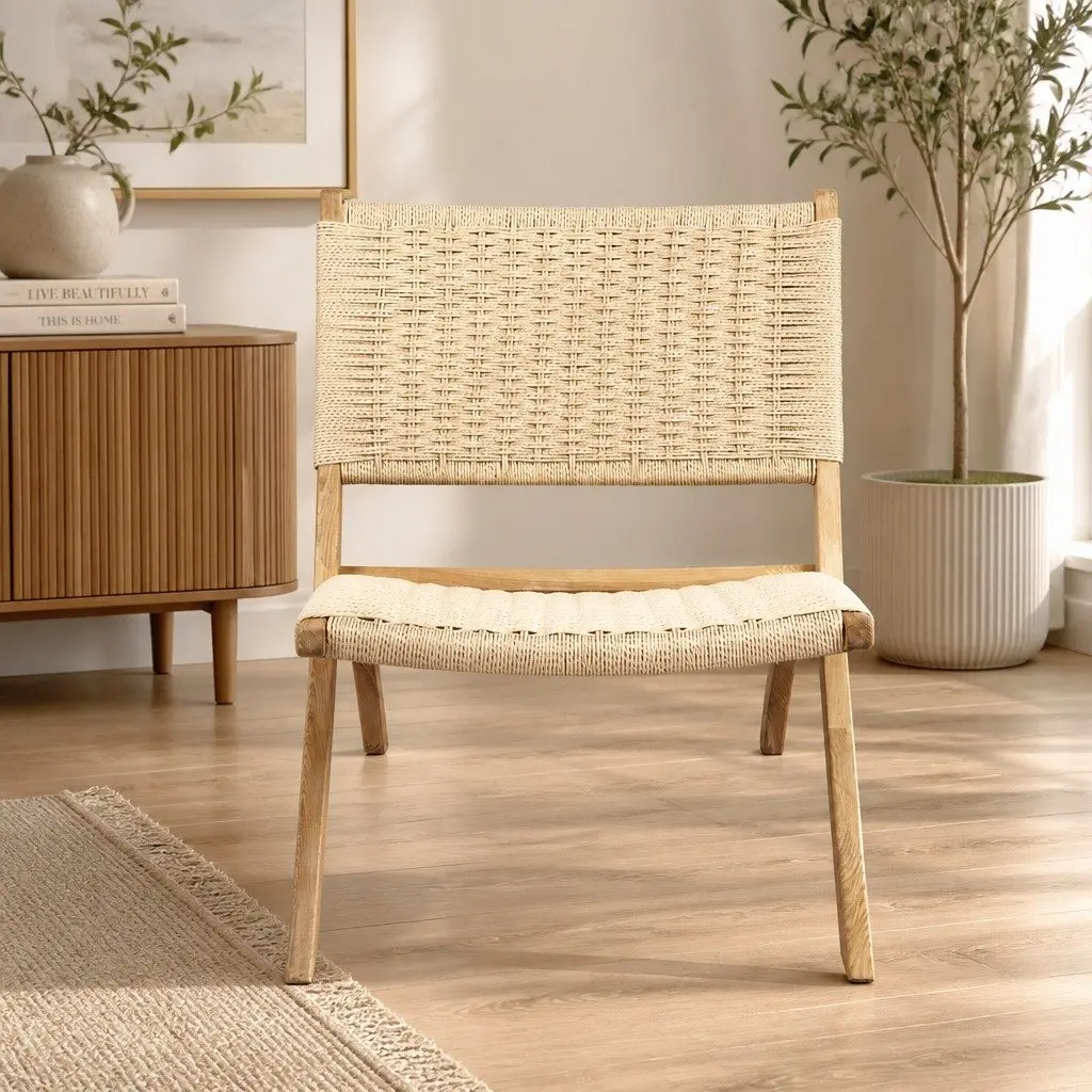 Folding Accent Chair Recliner Ash Wood Rope Seat Natural Indoor Outdoor Furniture