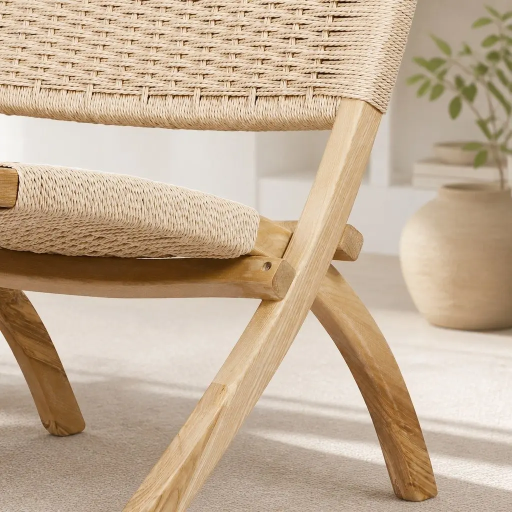 Folding Accent Chair Recliner Ash Wood Rope Seat Natural Indoor Outdoor Furniture