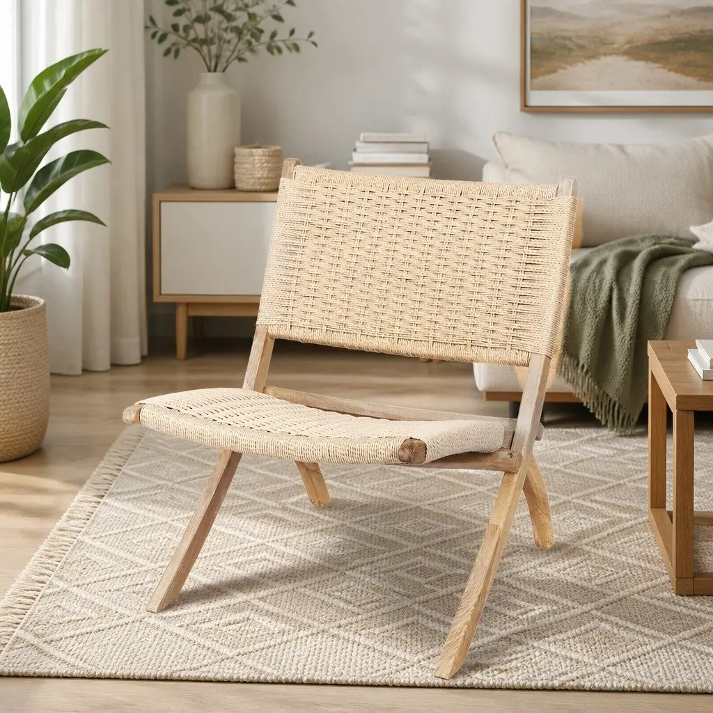 Folding Accent Chair Recliner Ash Wood Rope Seat Natural Indoor Outdoor Furniture