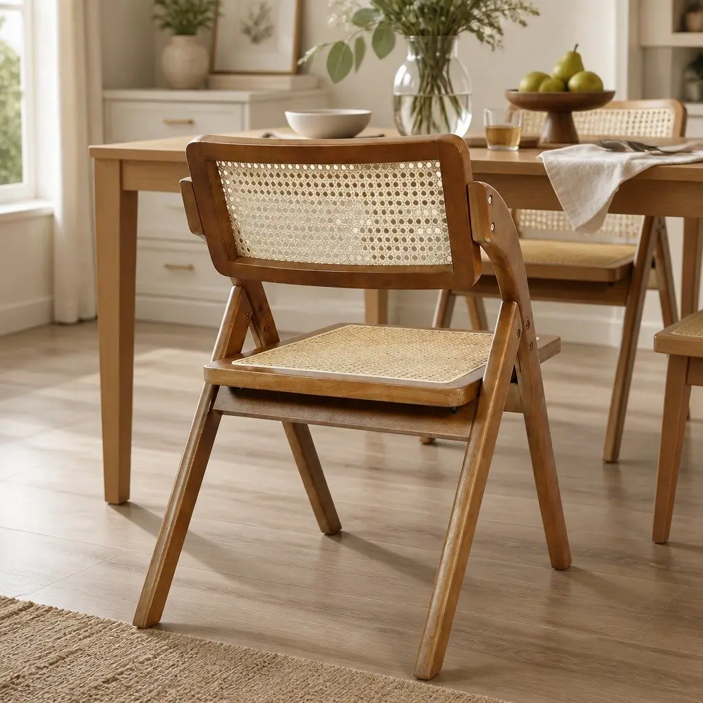 Foldable Rattan Dining Chairs Rubber Wood Frame Walnut Set of 2
