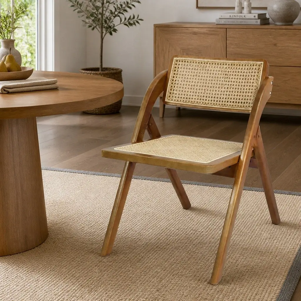 Foldable Rattan Dining Chairs Rubber Wood Frame Walnut Set of 2