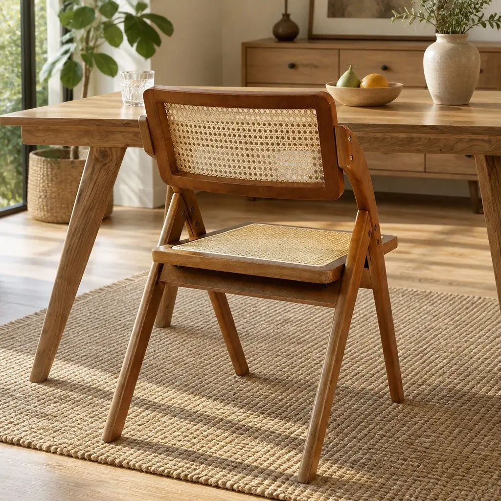 Foldable Rattan Dining Chairs Rubber Wood Frame Walnut Set of 2