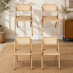 Dining Chairs Foldable Accent Set 4X Natural Rattan Rubber Wood Lounge Seating