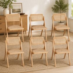 Dining Chairs Set of 6 Foldable Rattan Accent Seating Natural Wood Design