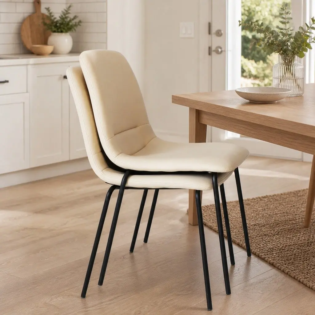 Stackable Dining Chairs PU Leather Steel Frame Beige Set of 4