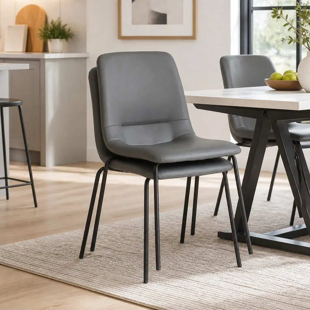 Stackable Dining Chair High-Density Foam Dark Grey PU Leather Steel Frame