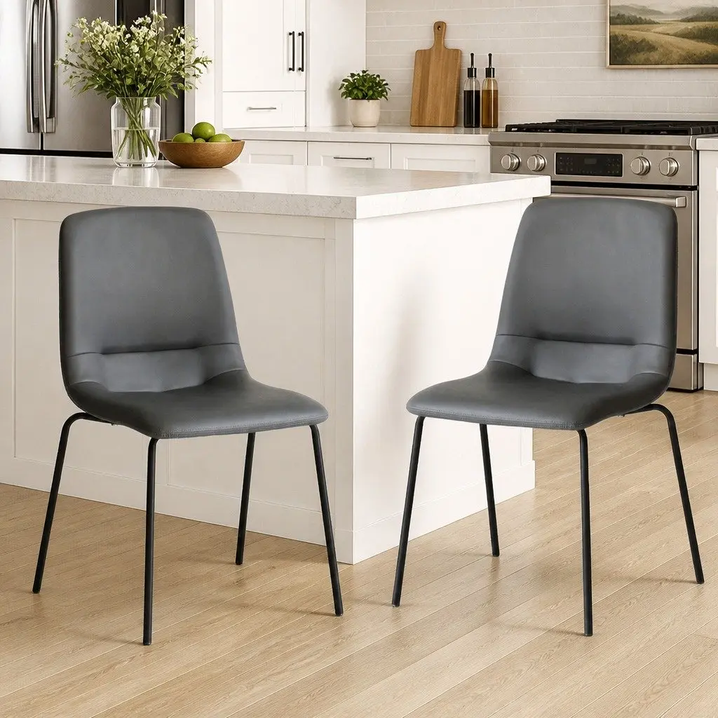 Stackable Dining Chair High-Density Foam Dark Grey PU Leather Steel Frame