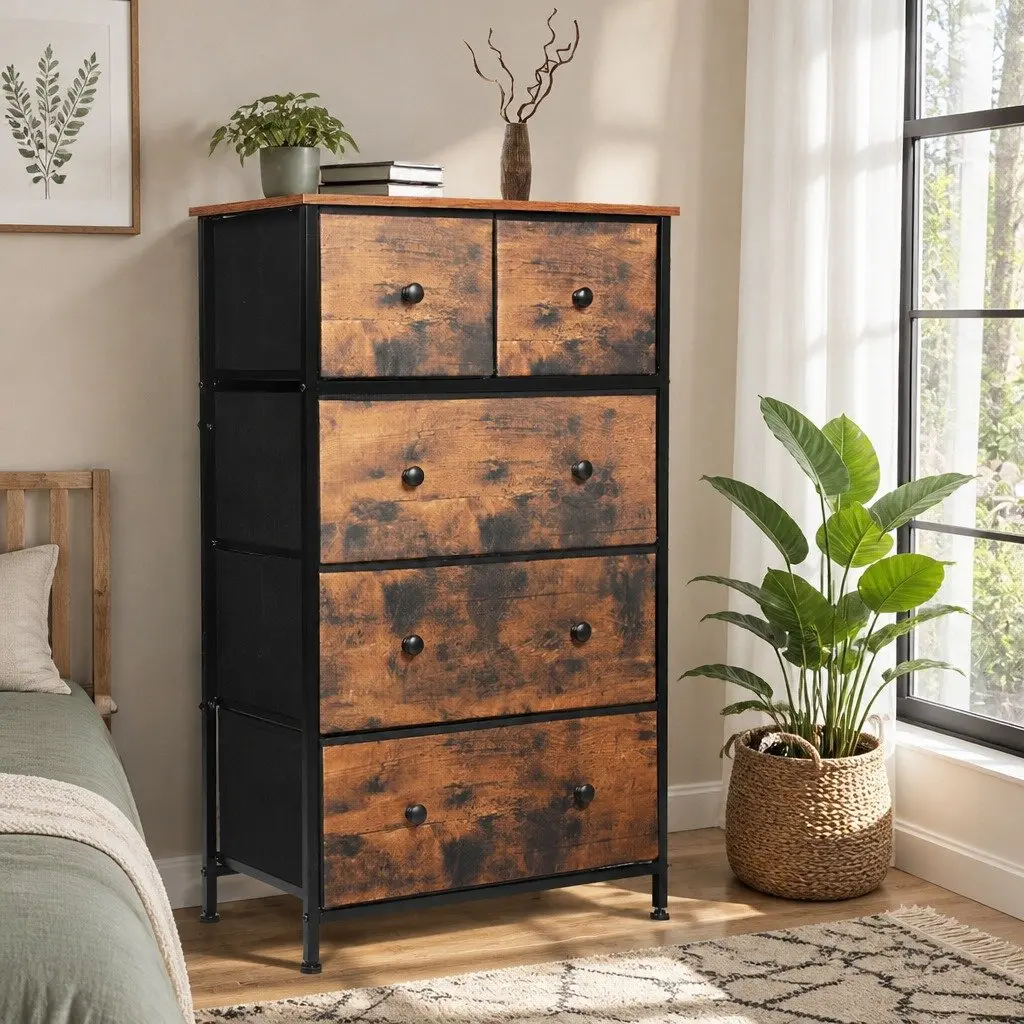 Storage Cabinet Tallboy Dresser Vintage Style Removable Drawers Brown