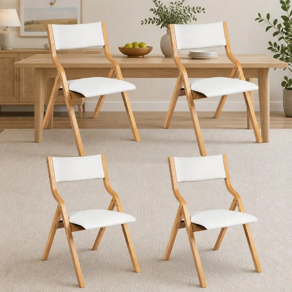 Folding Dining Chairs Set of 4 PU Seat Beige Kitchen Dinner Room Furniture