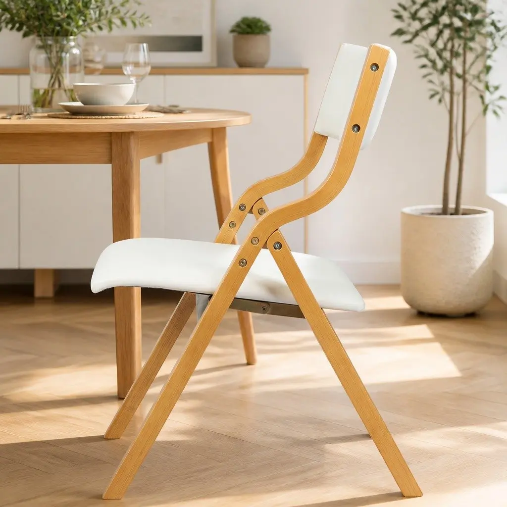 Folding Dining Chairs Set of 4 PU Seat Beige Kitchen Dinner Room Furniture