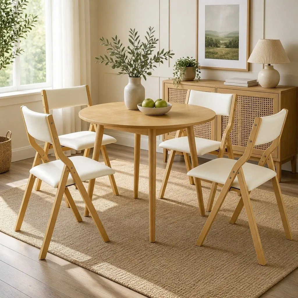 Folding Dining Chairs Set of 4 PU Seat Beige Kitchen Dinner Room Furniture