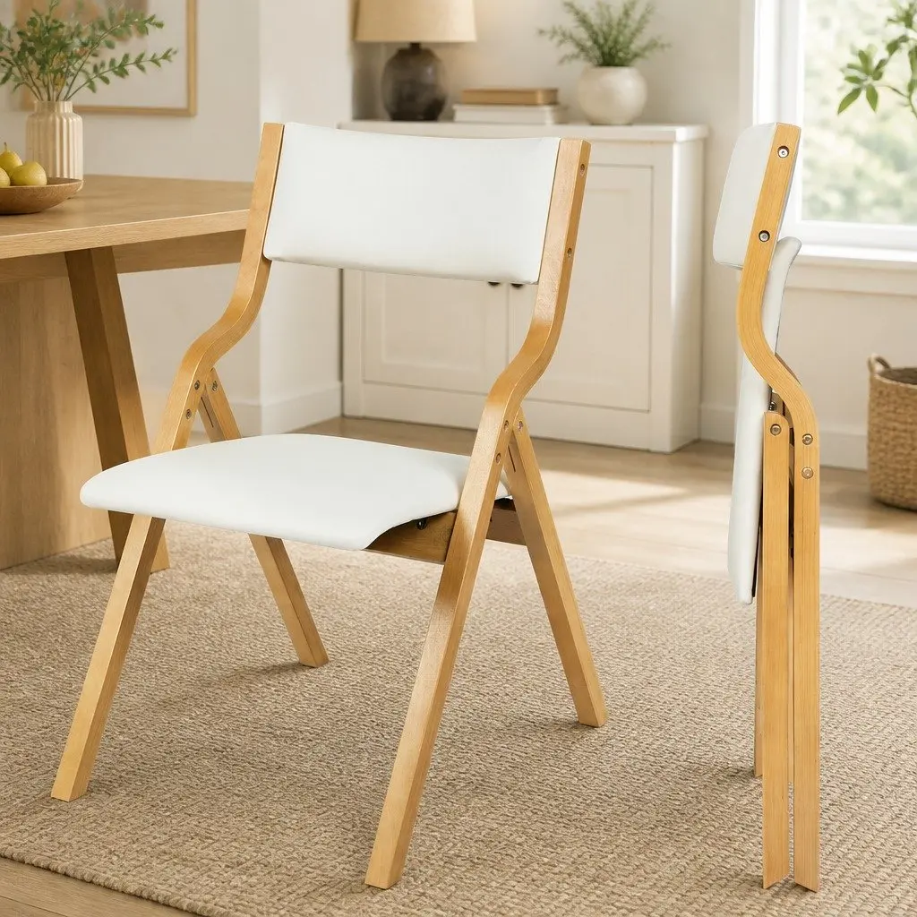 Folding Dining Chairs Set of 4 PU Seat Beige Kitchen Dinner Room Furniture