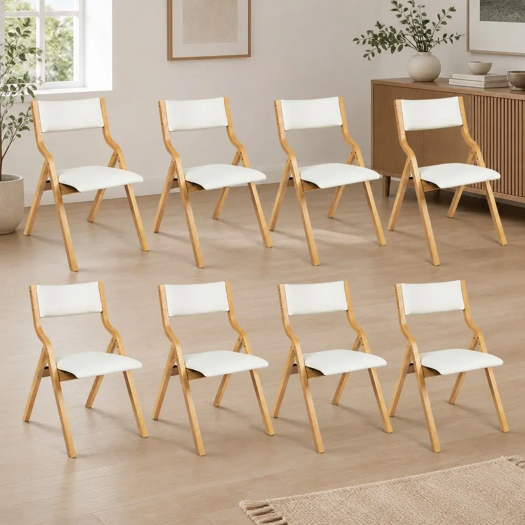 Foldable Dining Chairs Set of 8 PU Seat Beige Kitchen Furniture Space Saving