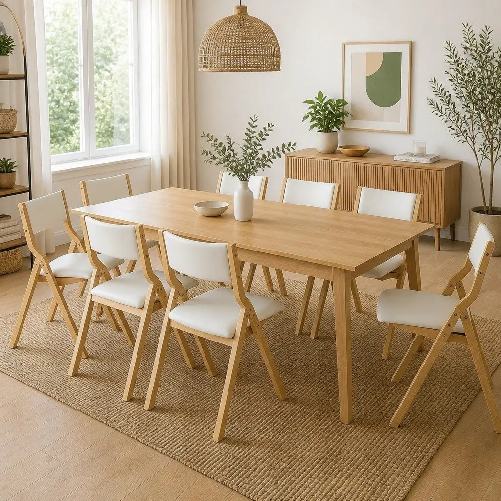 Foldable Dining Chairs Set of 8 PU Seat Beige Kitchen Furniture Space Saving