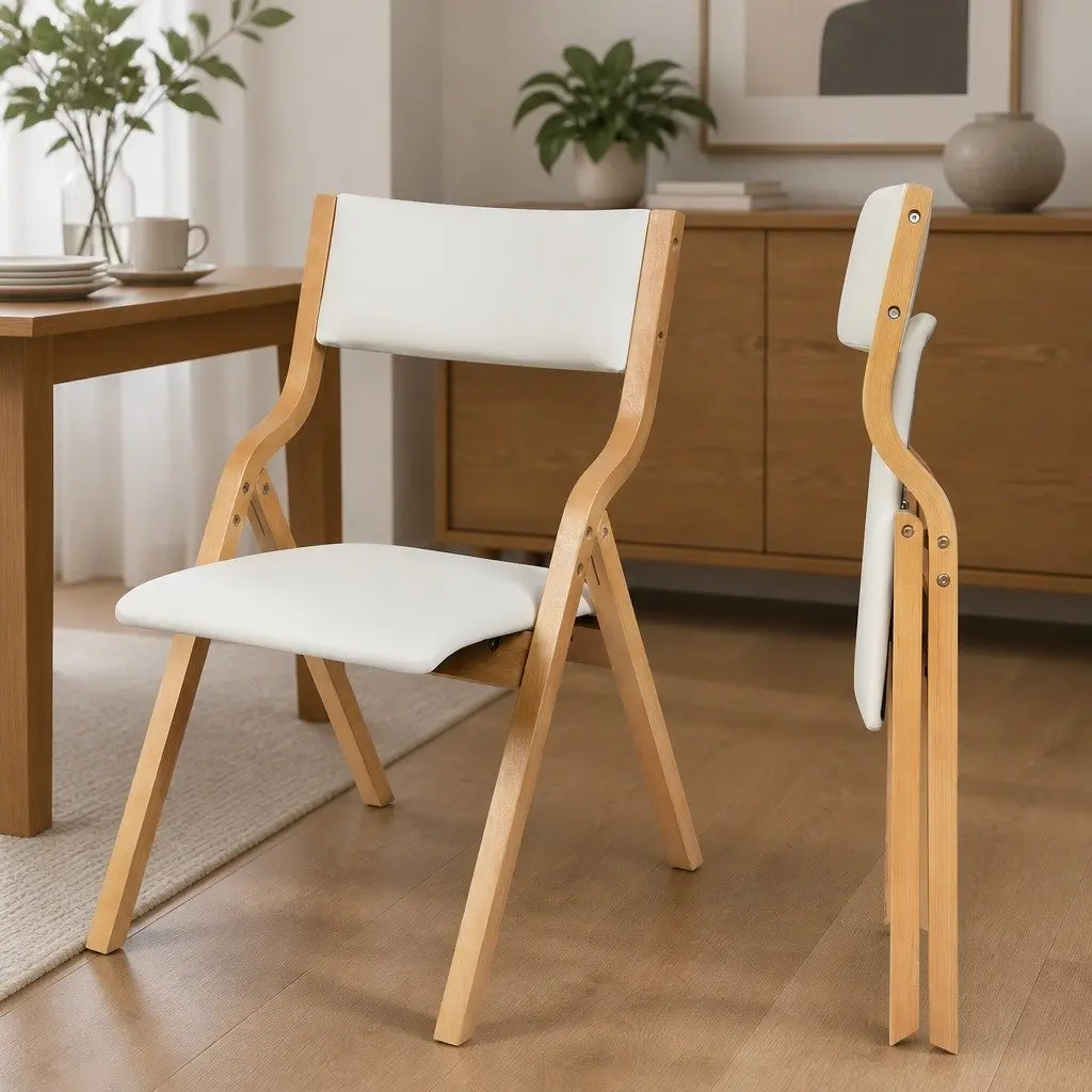 Foldable Dining Chairs Set of 8 PU Seat Beige Kitchen Furniture Space Saving