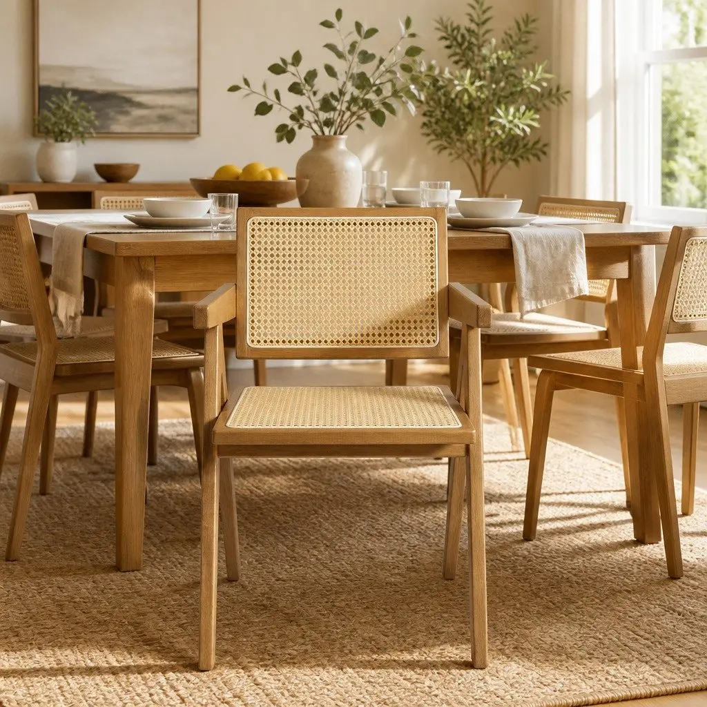 Dining Chair Set of 6 Solid Wood Rattan Woven Seat Kitchen Room Furniture