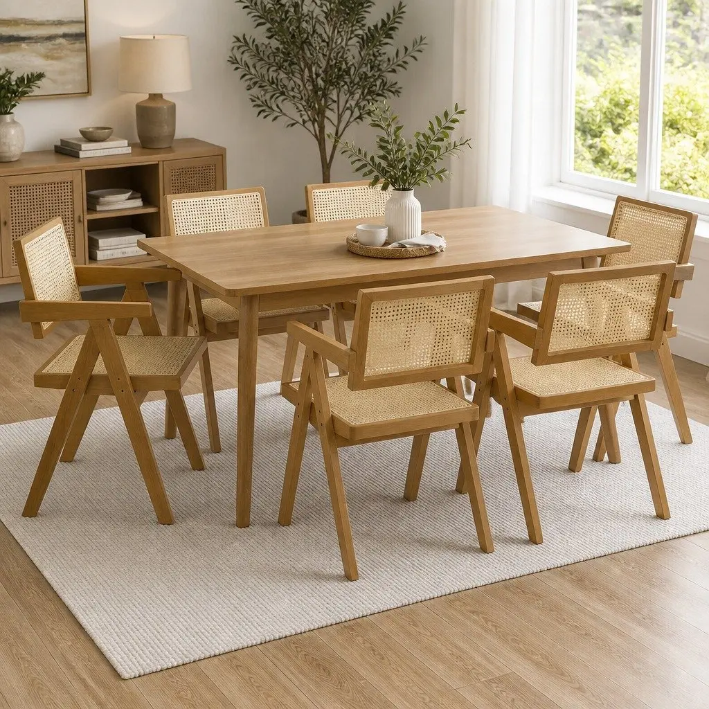 Dining Chair Set of 6 Solid Wood Rattan Woven Seat Kitchen Room Furniture