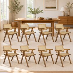 Dining Chair Set 8x Solid Wood Rattan Weave Natural Armrest Kitchen Furniture