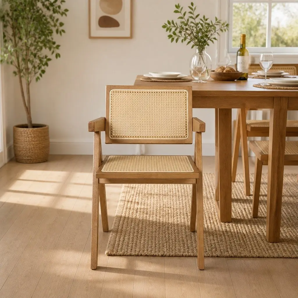Dining Chair Set 8x Solid Wood Rattan Weave Natural Armrest Kitchen Furniture