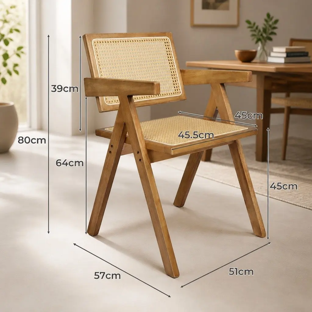Dining Chair Set 8x Solid Wood Rattan Weave Natural Armrest Kitchen Furniture