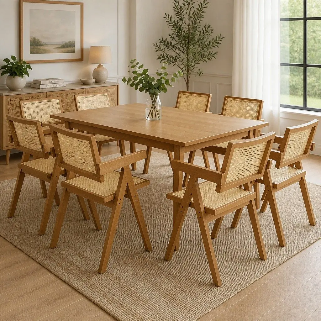 Dining Chair Set 8x Solid Wood Rattan Weave Natural Armrest Kitchen Furniture