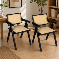 Wicker Armchair Dining Chair Black Rattan Backrest Lounge Seat Set