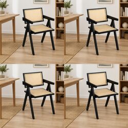 Black Rattan Armchair Dining Chair Set of 4 Wooden Frame Lounge Seating